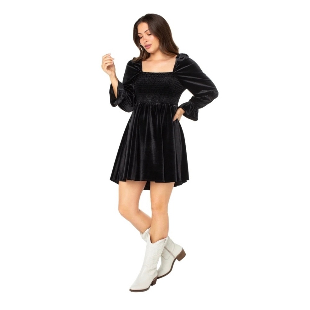 Celebrity Pink Velour Smocked Mini Dress Goth Cottagecore Boho Black Large